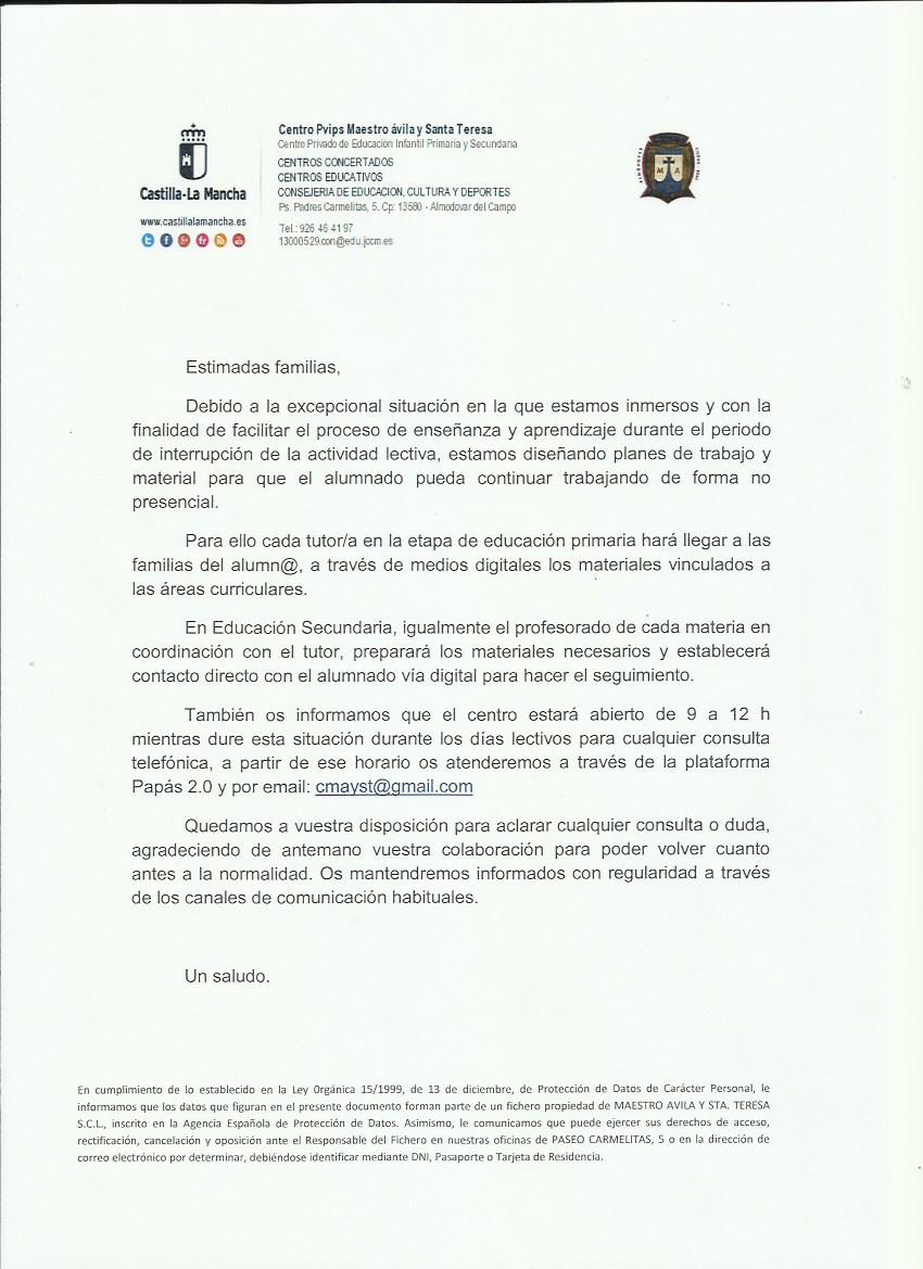 Comunicado familias trabajo escolar