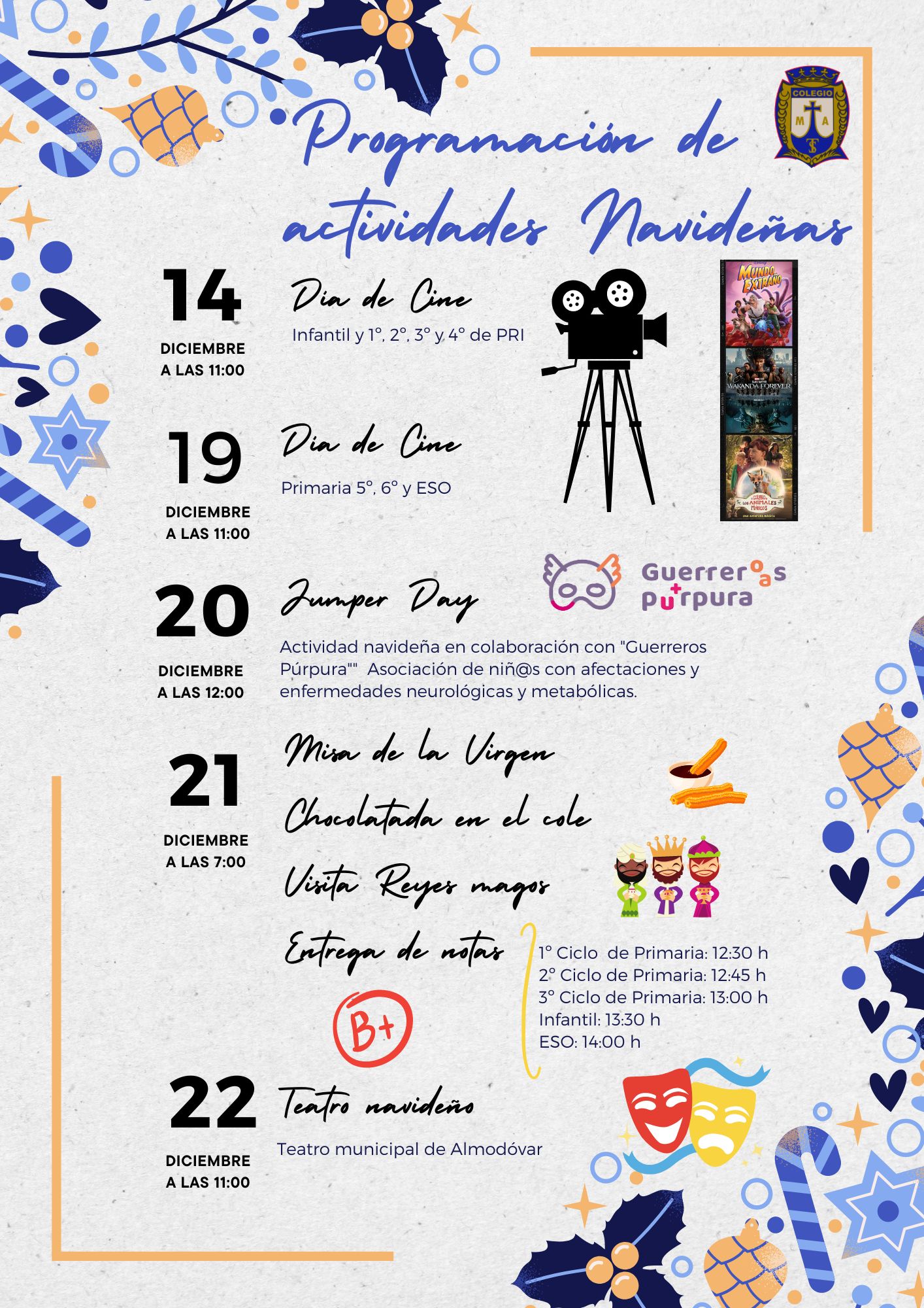 Flyer para Navidad Cronograma de Actividades Navideñas con Fechas Creativo Azul y Amarillo