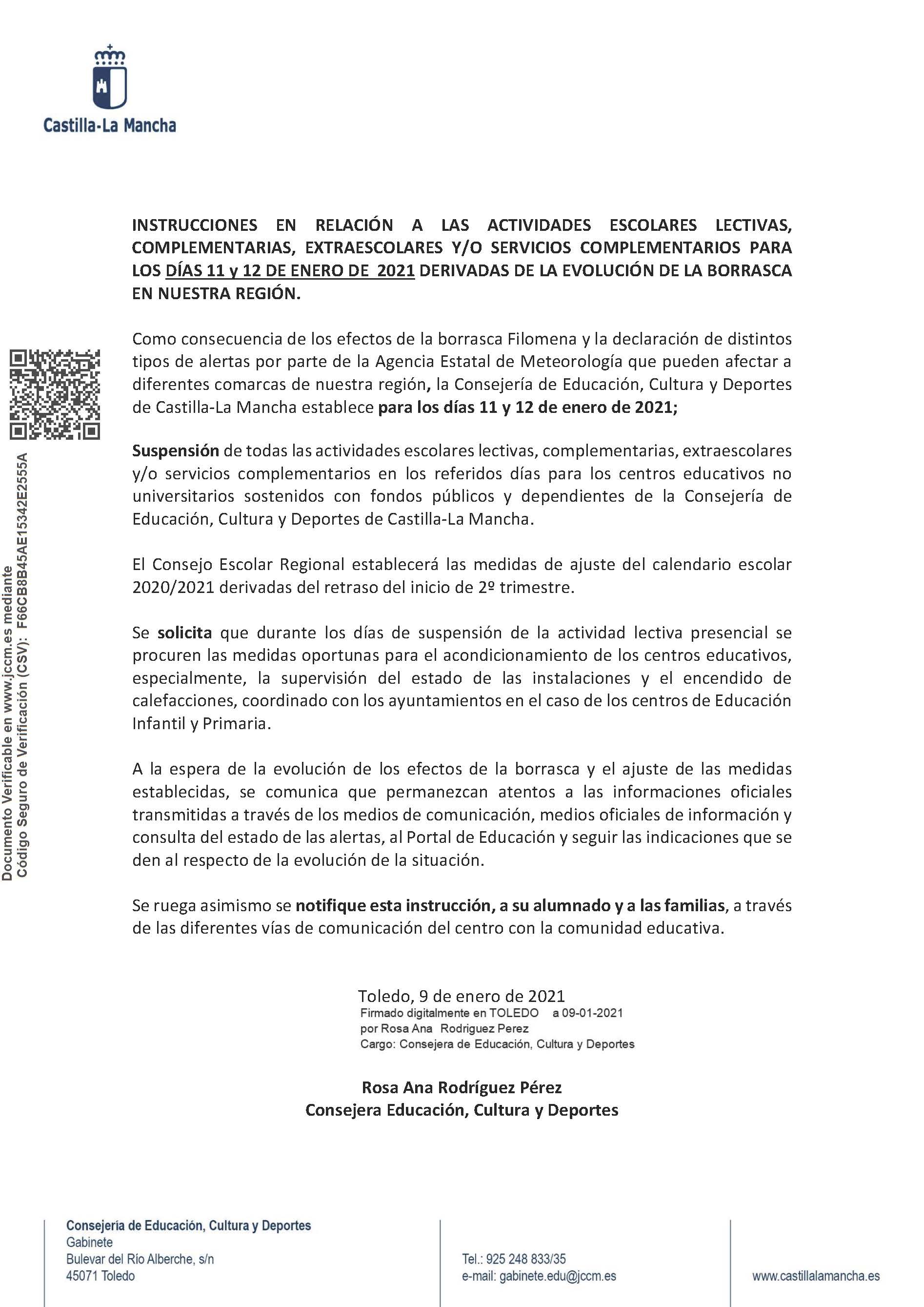 Instrucción suspensión clases 11 y 12 de enero de 20211
